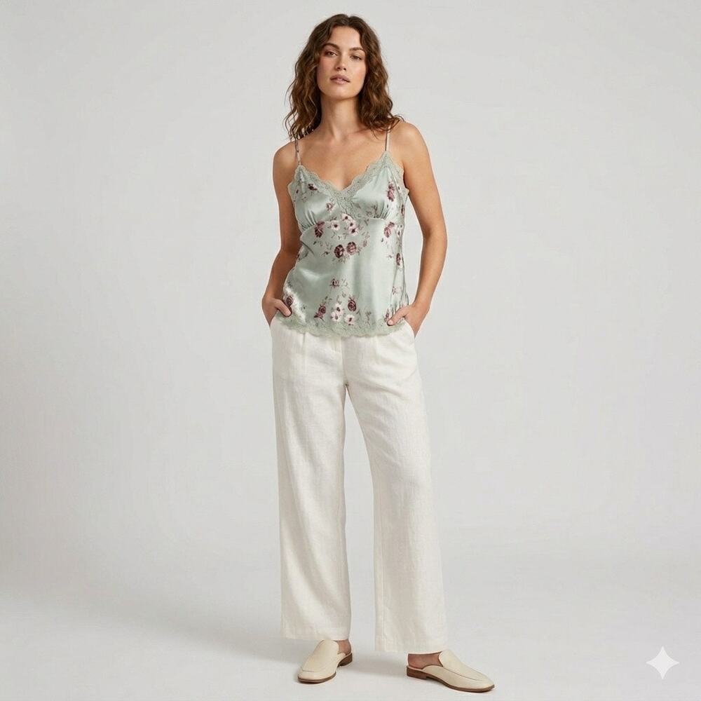 Kenzie 100% Silk Floral Lace Trim Camisole Top - Sage Green & Mauve - Size 14